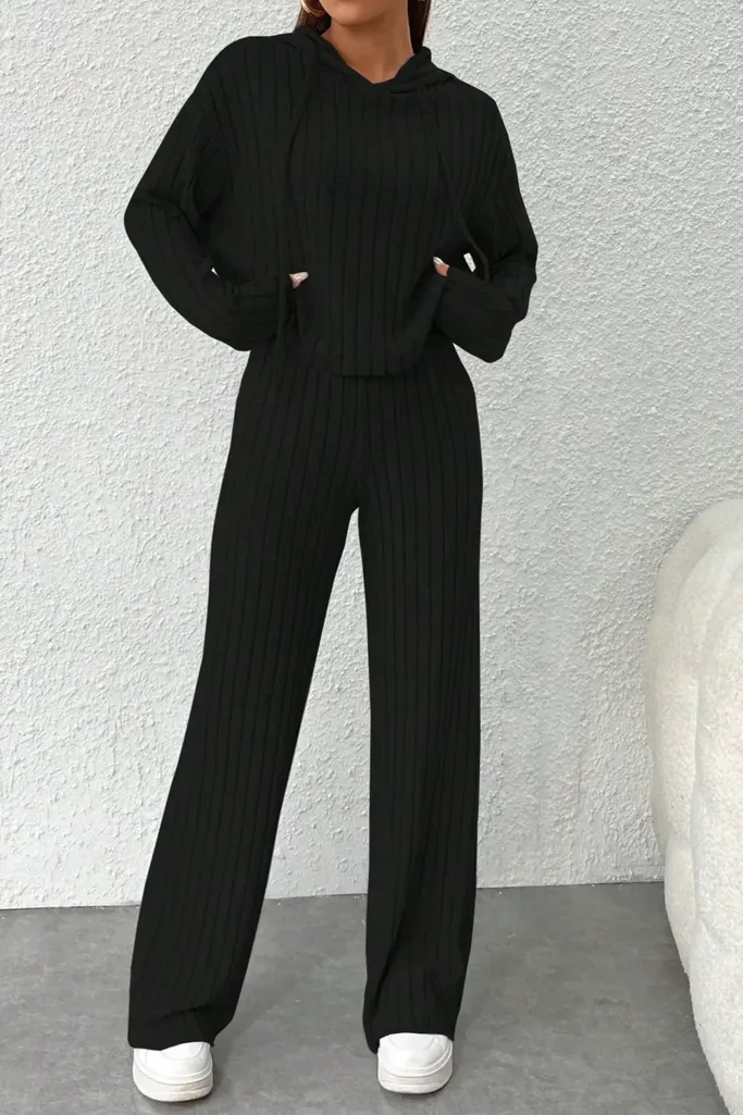 Black Solid Hooded Solid Co-Ord Set - Image 1