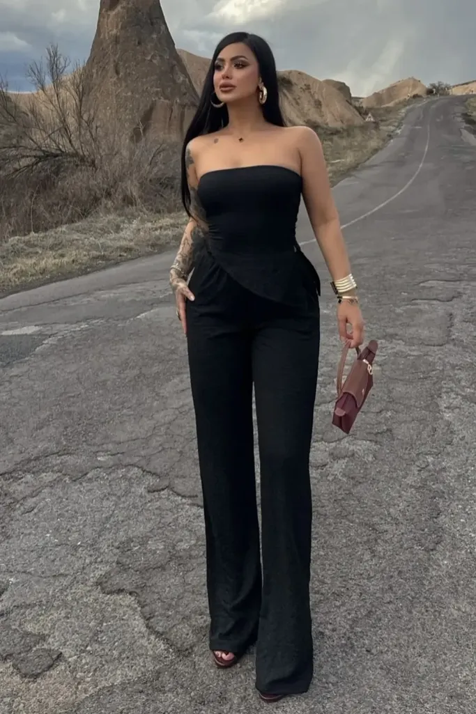 Black Solid Tube Neck Co-Ord Set - Image 1