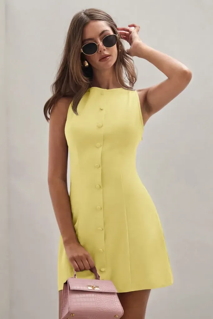 Yellow High Neck Buttoned Mini Dress - Image 1