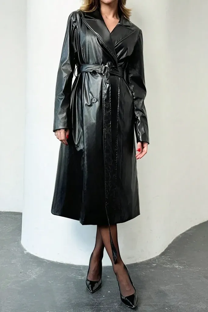Black Solid Tie-Up PU Trench Coat - Image 1