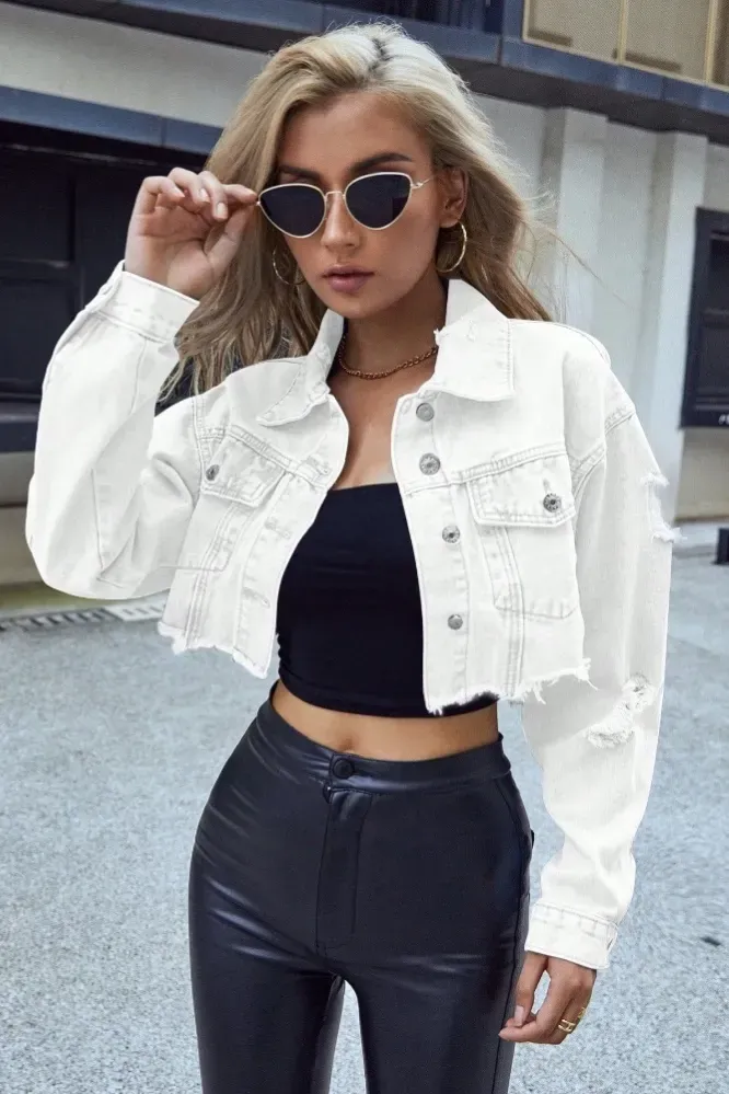 White Ripped Crop Denim Jacket - Image 1