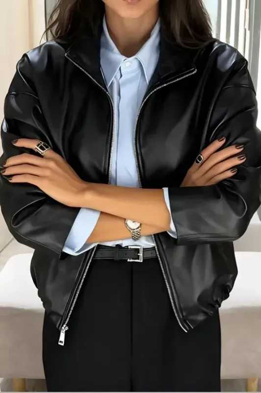 Black Solid PU Zipper Jacket - NEWME