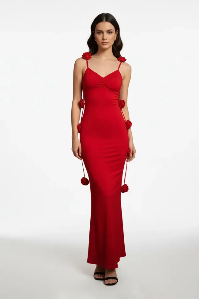 new me red dress Red Plunge Neck Slit Detail Maxi Dress