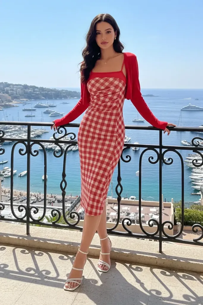 Red Gingham Midi Dress With Cardigan - Image 1