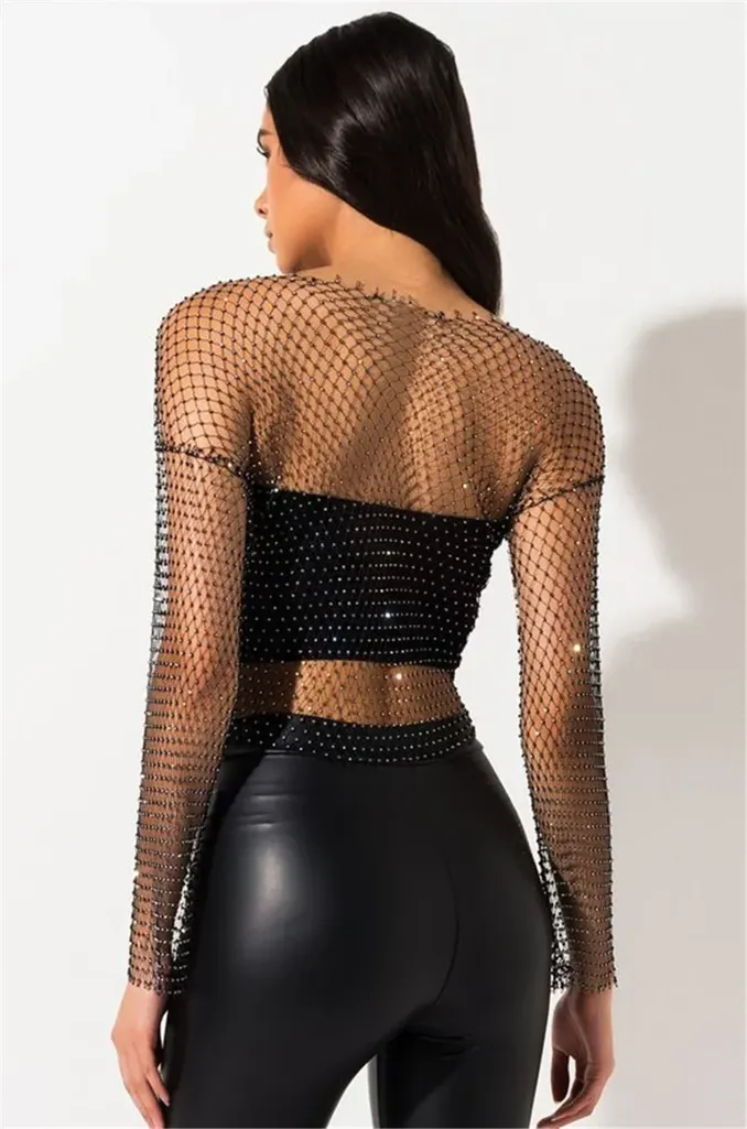 Fishnet See-Through Rhinestone Sheer Top - Image 1