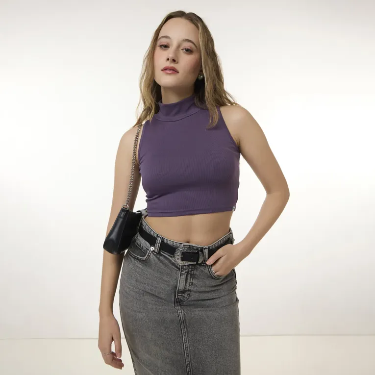 Purple Solid High-Neck Crop Top - Image 1