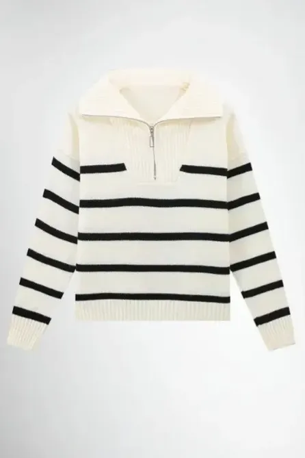 Off White Striped Zip Collar Sweater - NEWME