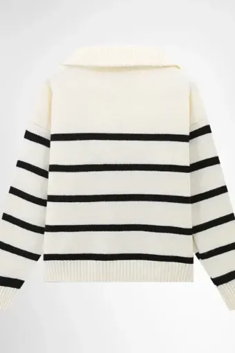 Off White Striped Zip Collar Sweater - NEWME