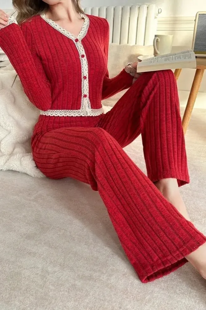 Red Solid V-Neck Lounge Set - Image 1