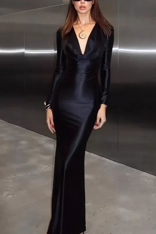 Black Plunge Neck Maxi Dress - Image 1