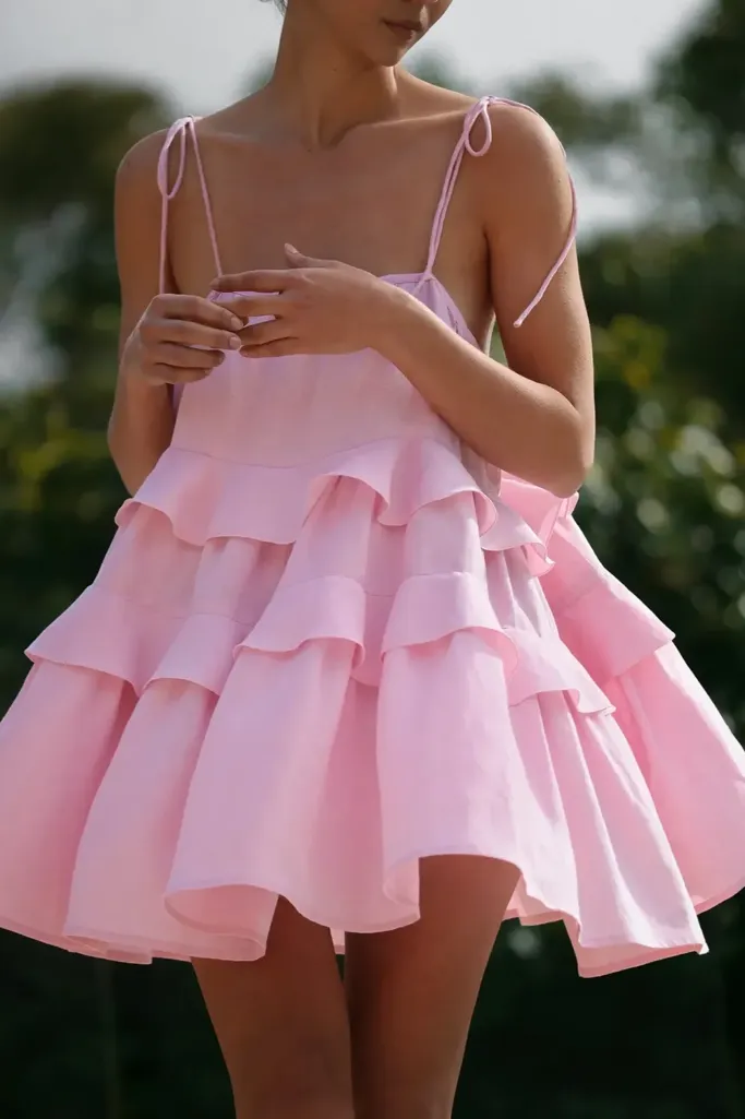 Light Pink Ruffle Tiered Mini Dress - Image 1