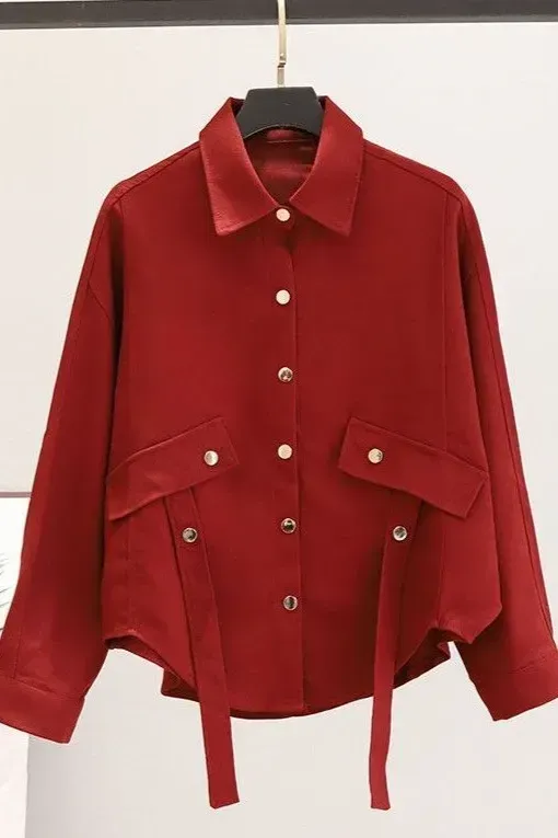 Red Solid Buttoned Cargo Jacket - Image 1
