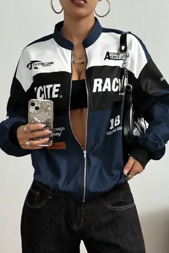 Navy Graphic Zipper Bomber Jacket - NEWME