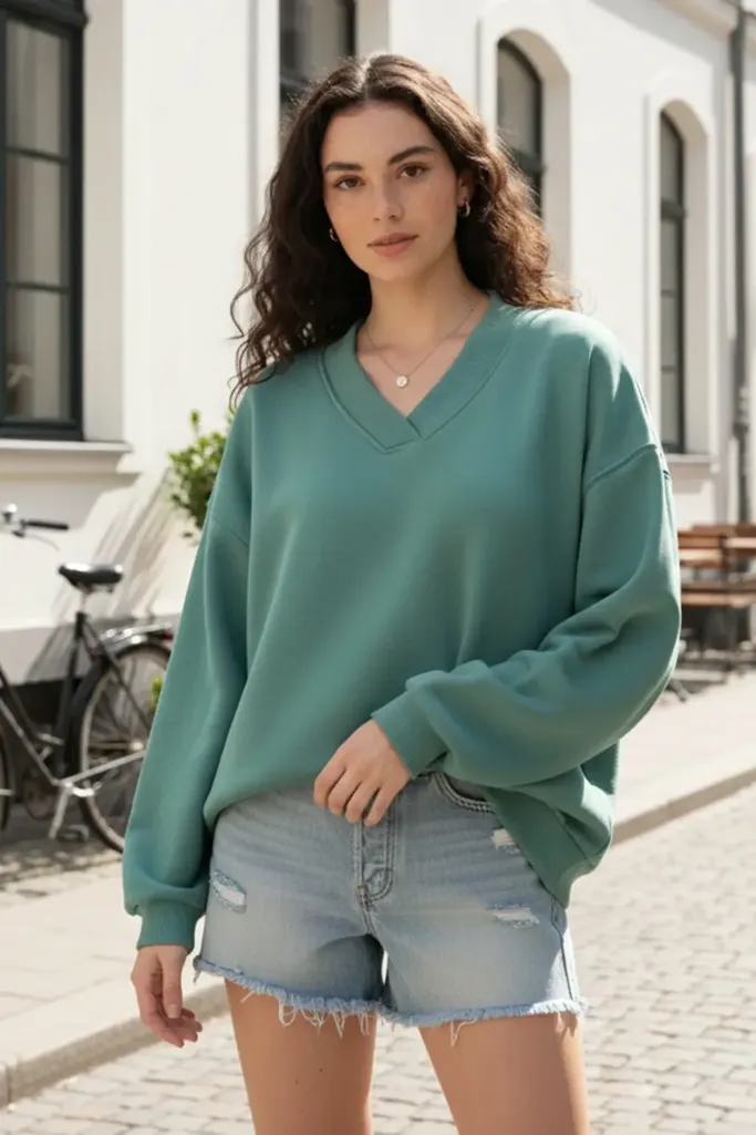 Light Green Solid Oversized Sweatshirt - Image 1