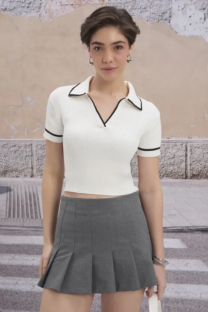 White Solid Polo Neck Top - Image 1