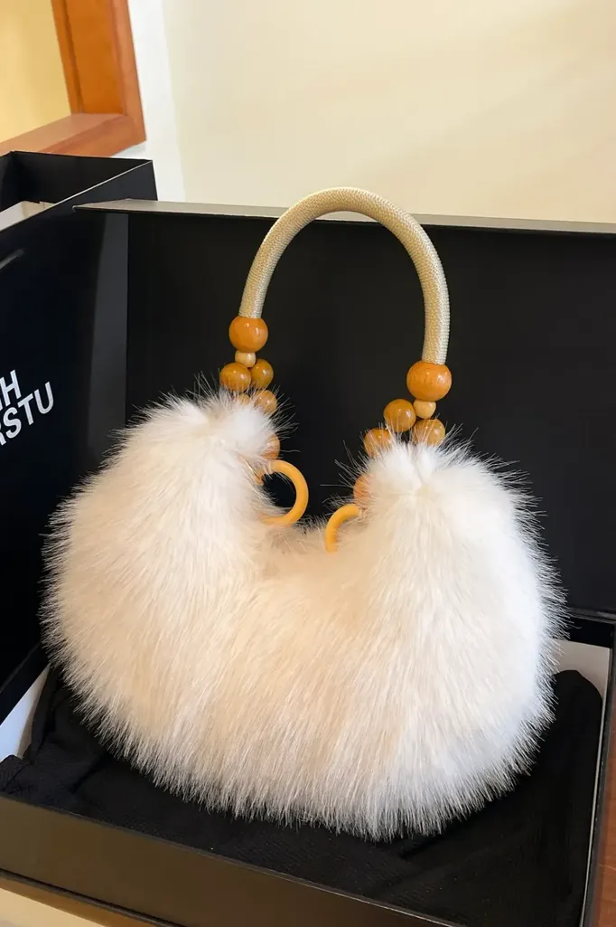 White Solid Faux Fur Hand Bag - Image 1