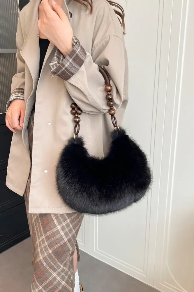 Black Solid Faux Fur Hand Bag - Image 1