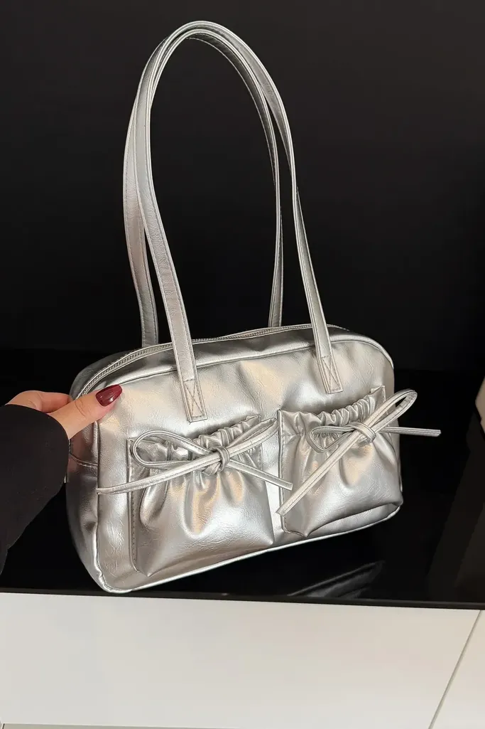 Silver Bow Pu Shoulder Bag - Image 1