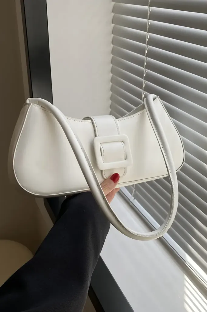 White Solid Buckle Shoulder Bag - Image 1