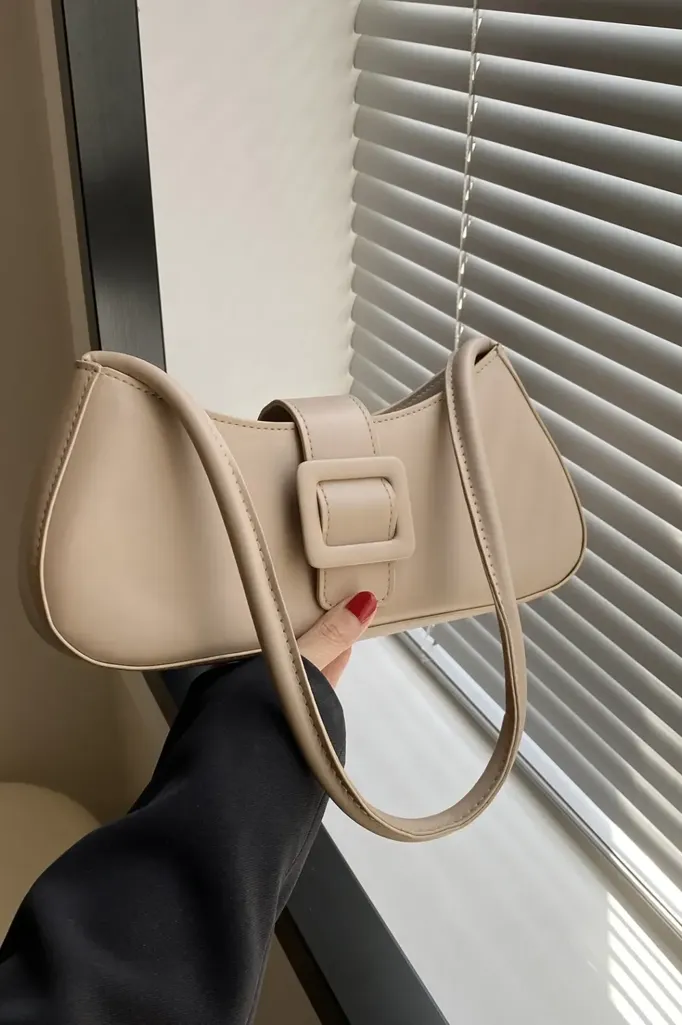 Beige Solid Buckle Shoulder Bag - Image 1