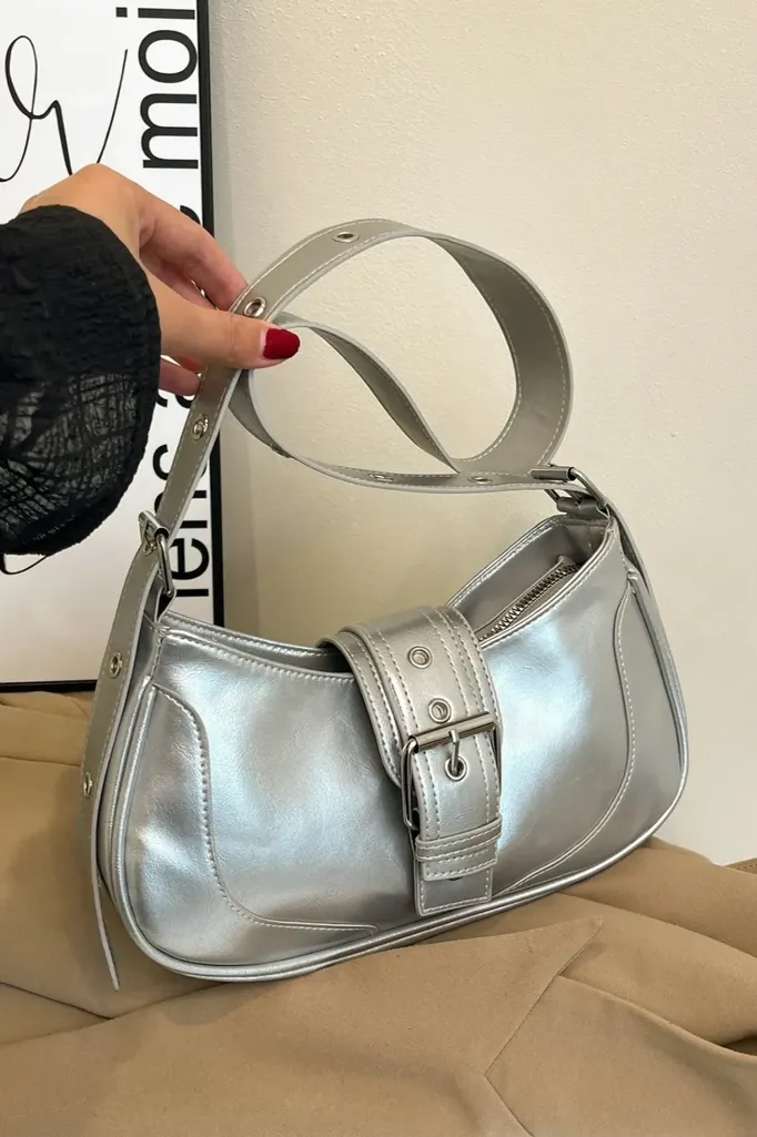 Silver Solid Buckle Shoulder Bag - Image 1
