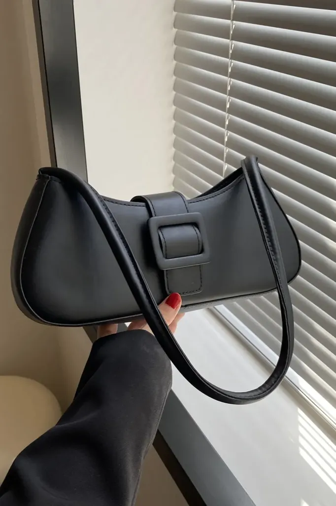 Black Solid Buckle Shoulder Bag - Image 1