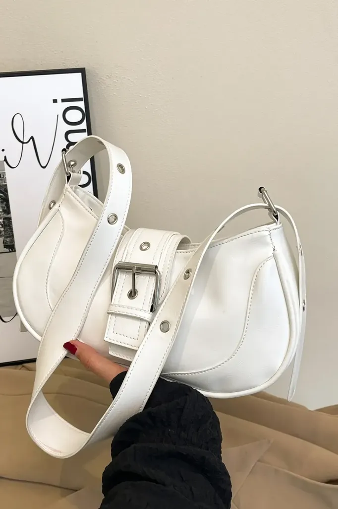 White Solid Buckle Shoulder Bag - Image 1
