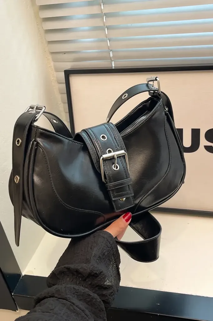 Black Solid Buckle Shoulder Bag - Image 1