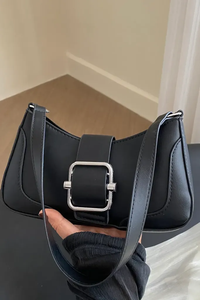 Black Solid Buckle Shoulder Bag - Image 1