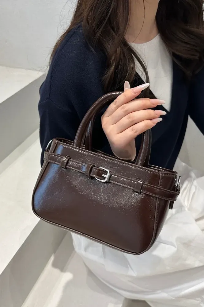 Dark Brown Solid Buckle Pu Sling Bag - Image 1