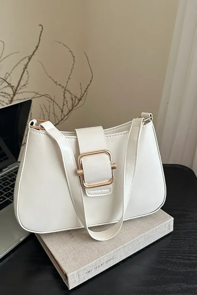 White Pu Buckle Shoulder Bag - Image 1