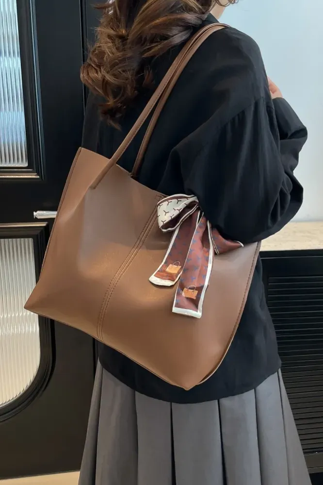 Brown Solid Scarf Pu Tote Bag - Image 1