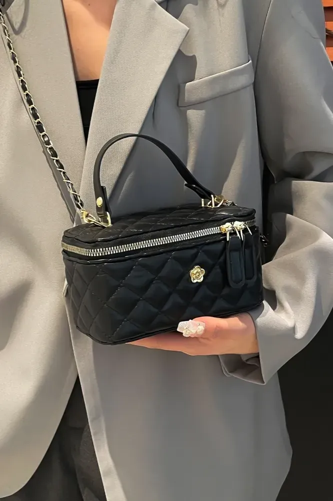 Black Quilted Zipper Bucket Bag - Image 1