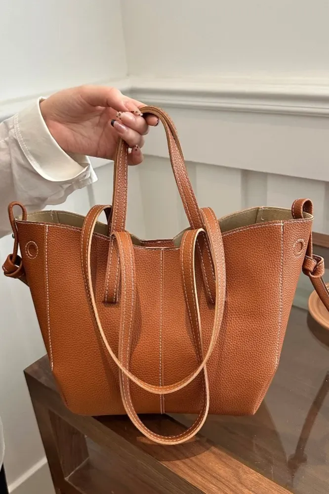 Brown Solid Pu Tote Bag - Image 1