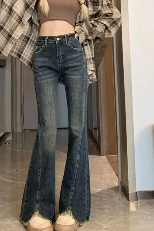 Dark Blue Frayed Hem Bootcut Jeans - Image 1