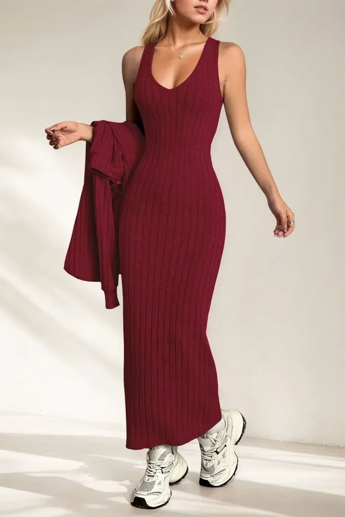 Wine Bodycon Maxi Dress With Sweater - Image 1