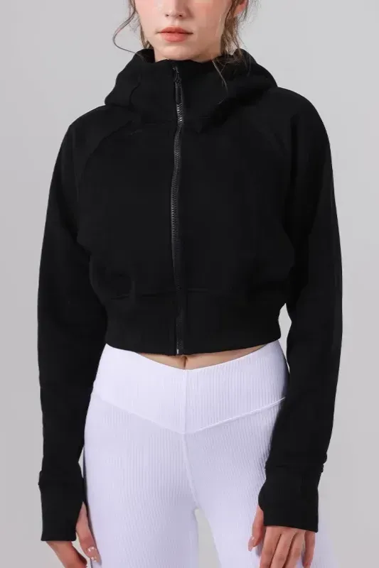 Black Solid Hooded Crop Jacket - Image 1