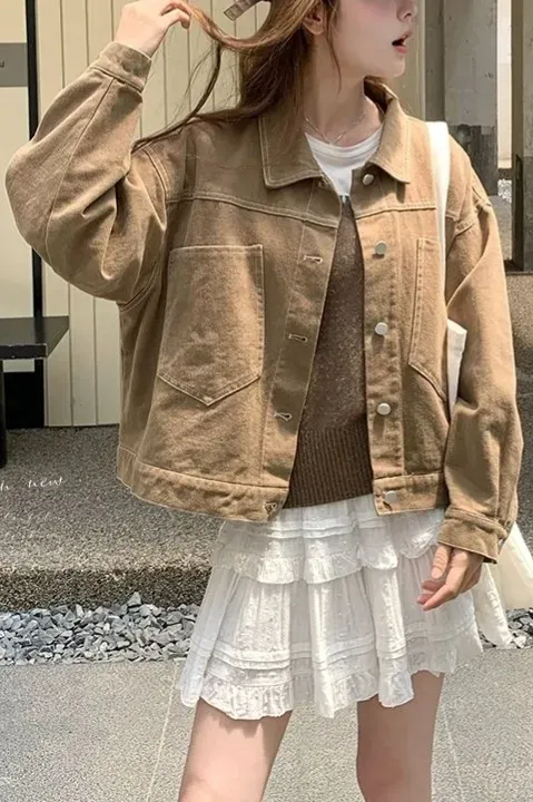 Beige Solid Buttoned Denim Jacket - Image 1