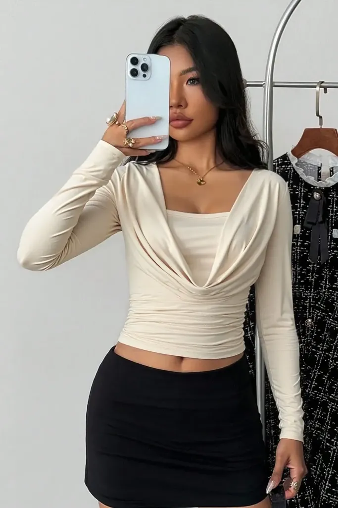 Cream Ruched Cowl Neck Crop Top - Image 1