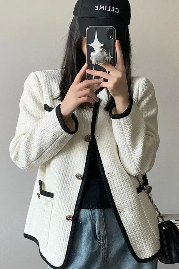 White Buttoned Tweed Jacket - Image 1