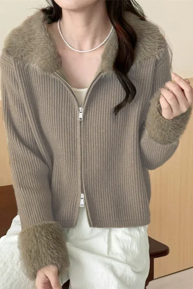 Beige Solid Fur Zipper Cardigan - Image 1