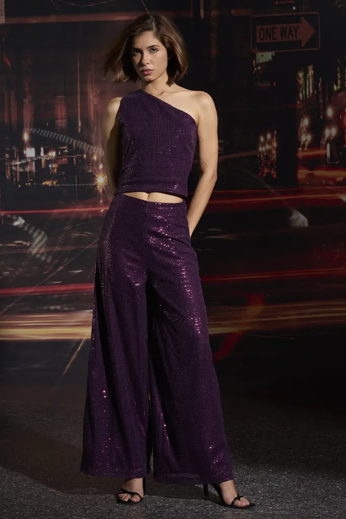 Purple Sequined Mid Rise Trousers - Image 1