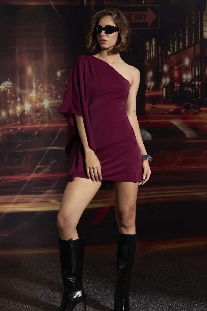 Maroon One-Shoulder Mini Dress - Image 1