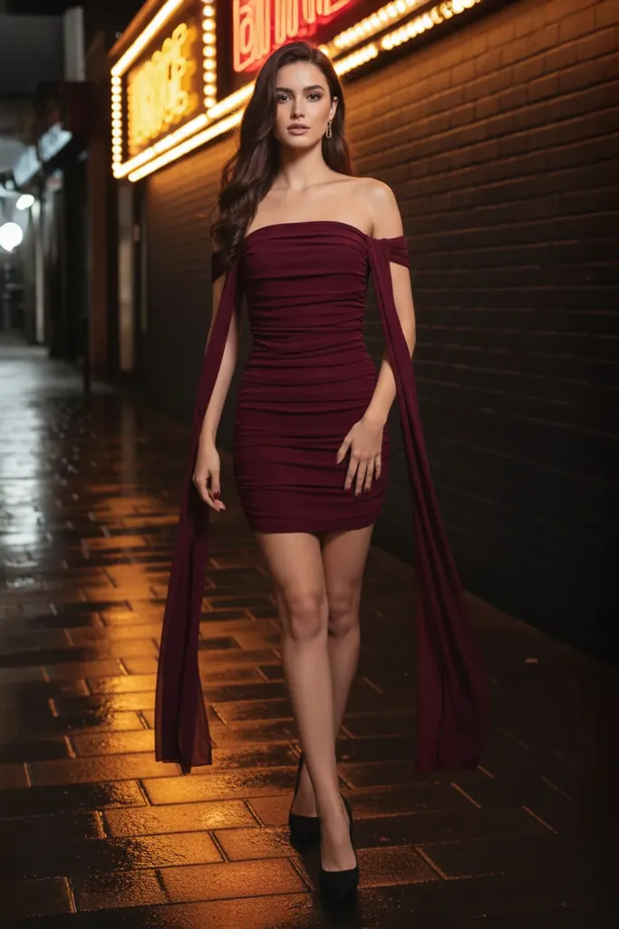 Marron Off Shoulder Mini Dress - Image 1