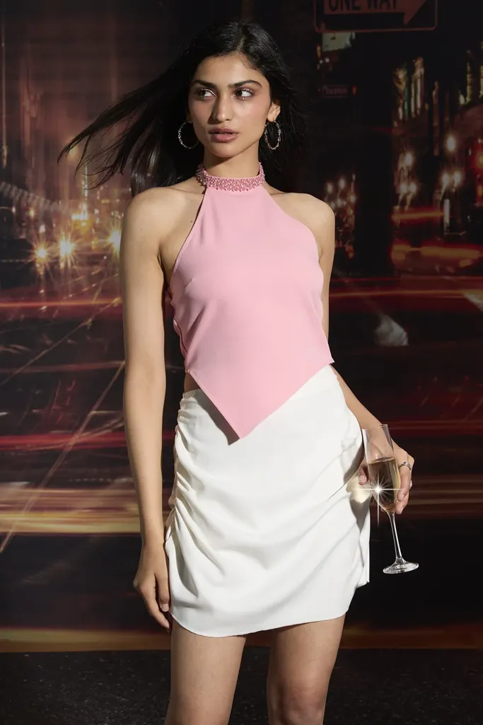 Pink Solid Halter Neck Top - Image 1