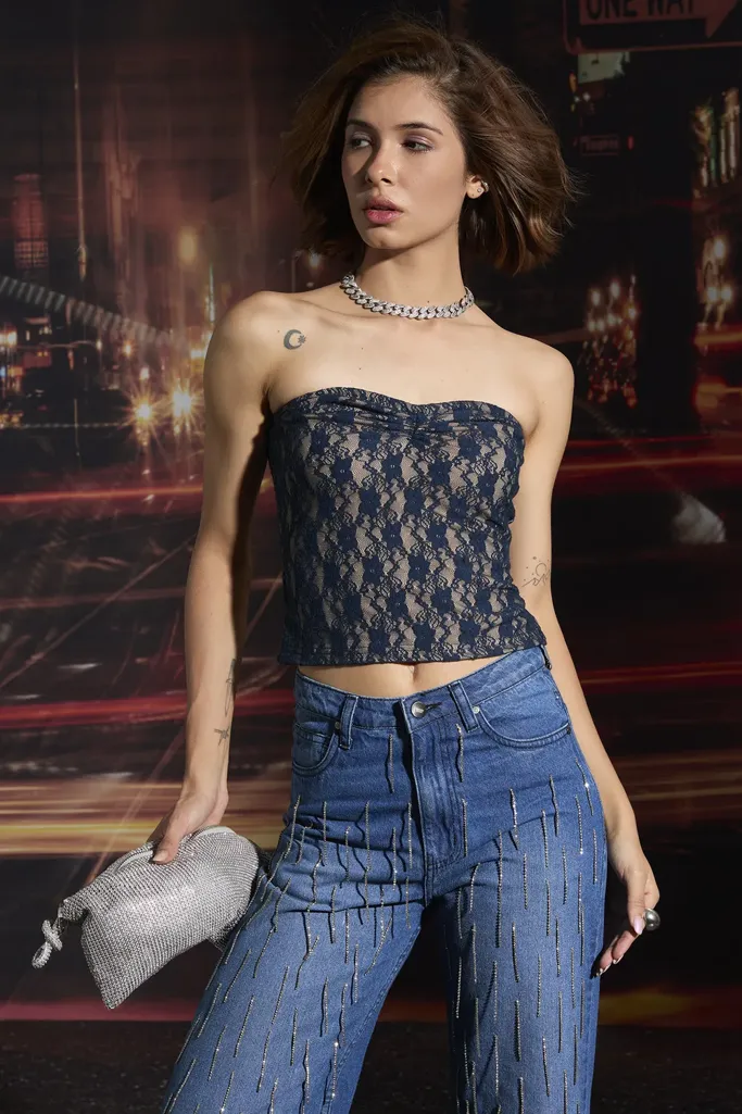 Navy Blue Tube Neck Crop Top - Image 1