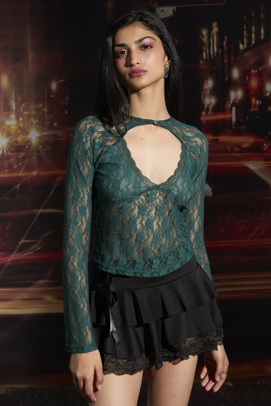 Teal Lace Sheer Cutout Neck Top - NEWME