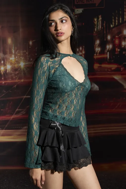 Teal Lace Sheer Cutout Neck Top - NEWME