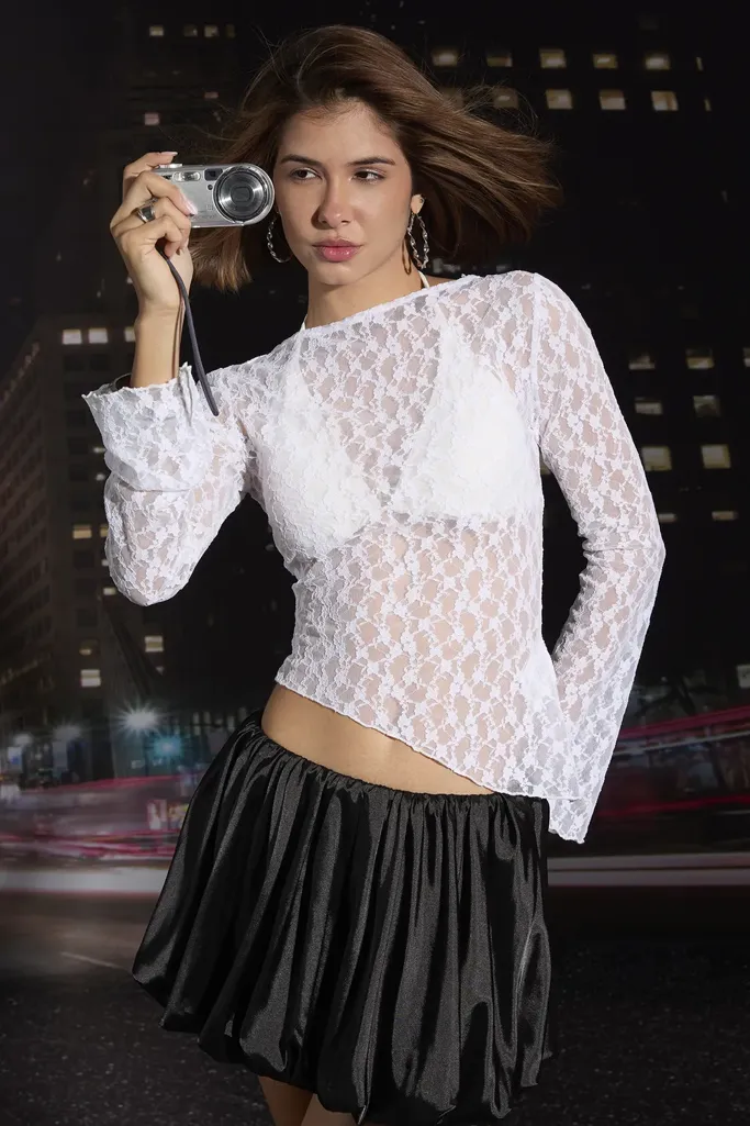 White Lace Sheer Crew Neck Top - Image 1
