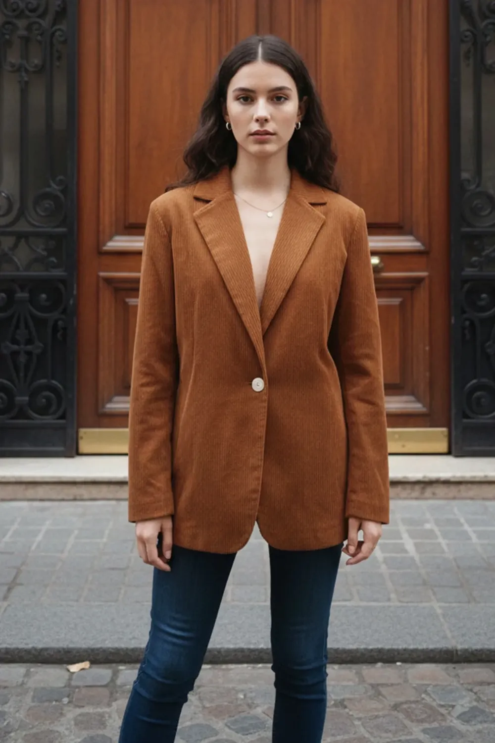 Brown Solid Lapel Collar Blazer